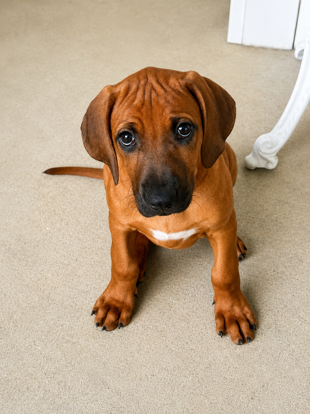 Ridgeback puppy sitting indoors